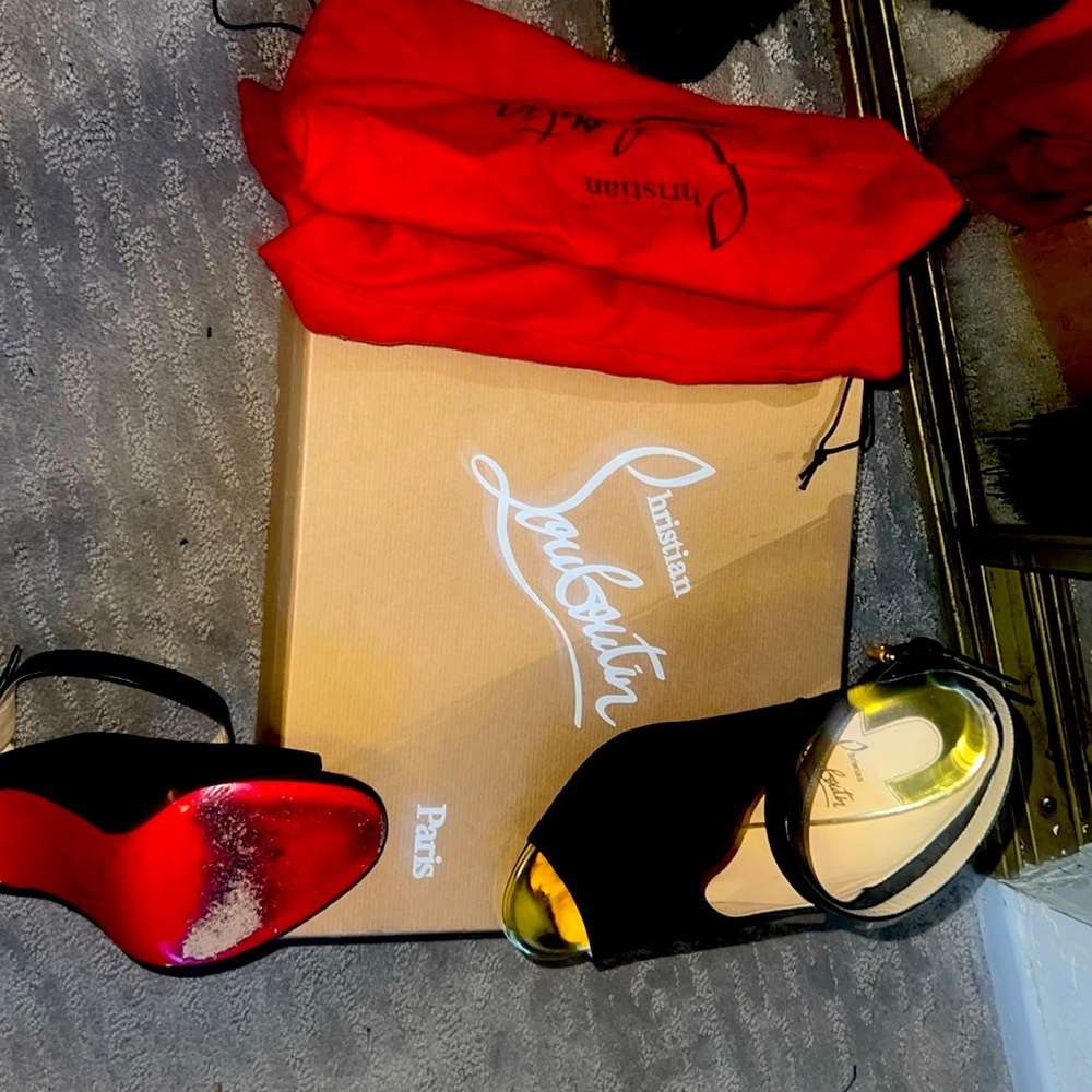 Used Christian louboutin black & gold cross ankle strap heels